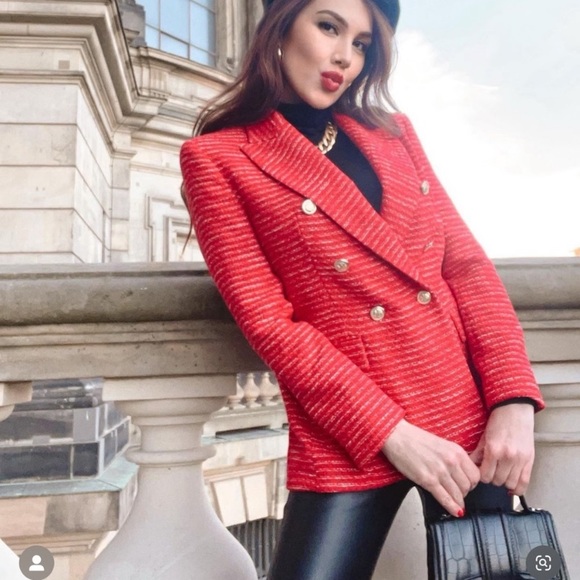 Red, textured double breasted blazer from Zara - NWT - Picture 5 of 14